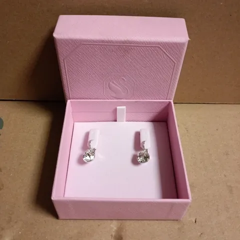 SWARVSK SILVER-TONE DROP EARRINGS WITH CLEAR STONES IN PINK PRESENTATION BOX