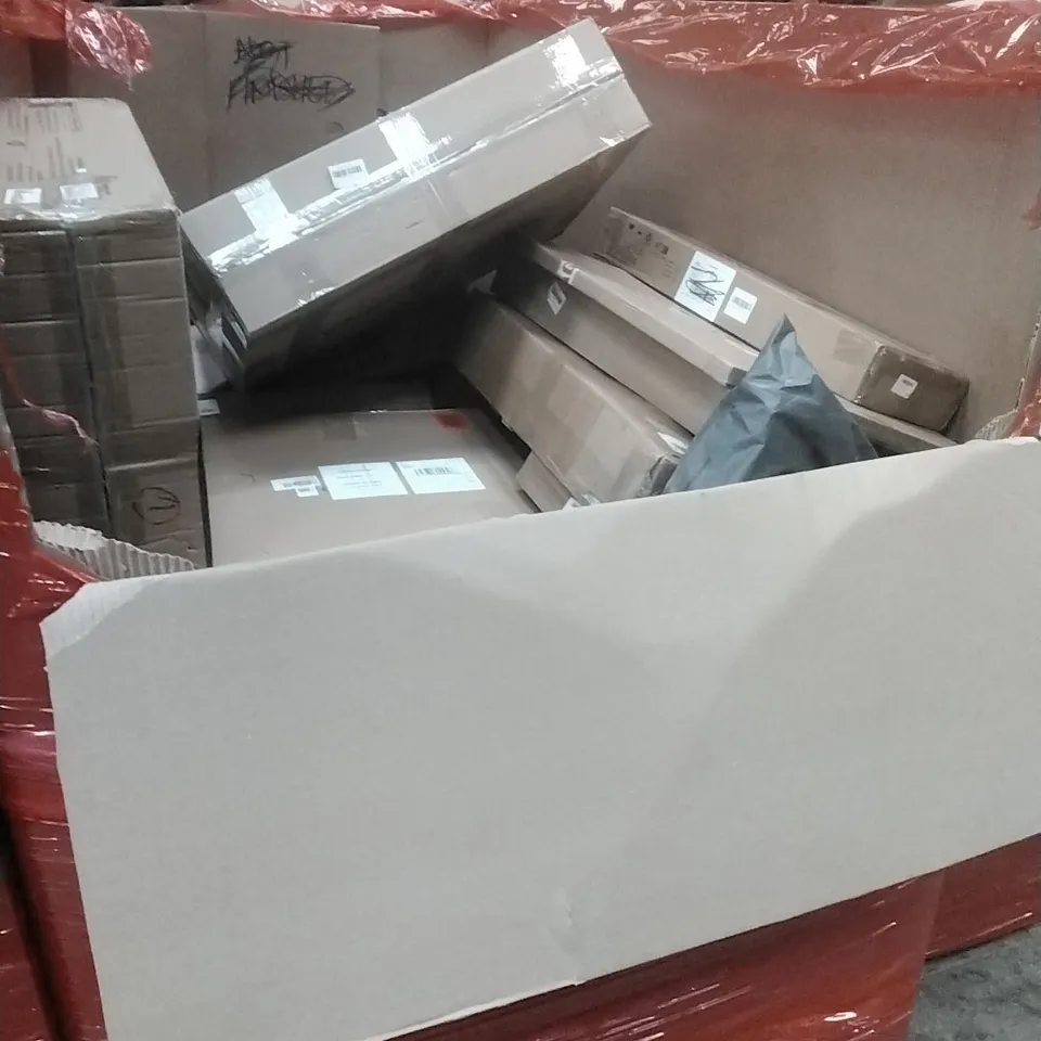 PALLET OF ASSORTED HOUSEHOLD GOODS AND PRODUCTS TO INCLUDE; WALL SHELF, MECHANICAL TYPEWRITER, LITTER BOX, BOXED FURNITURE ETC