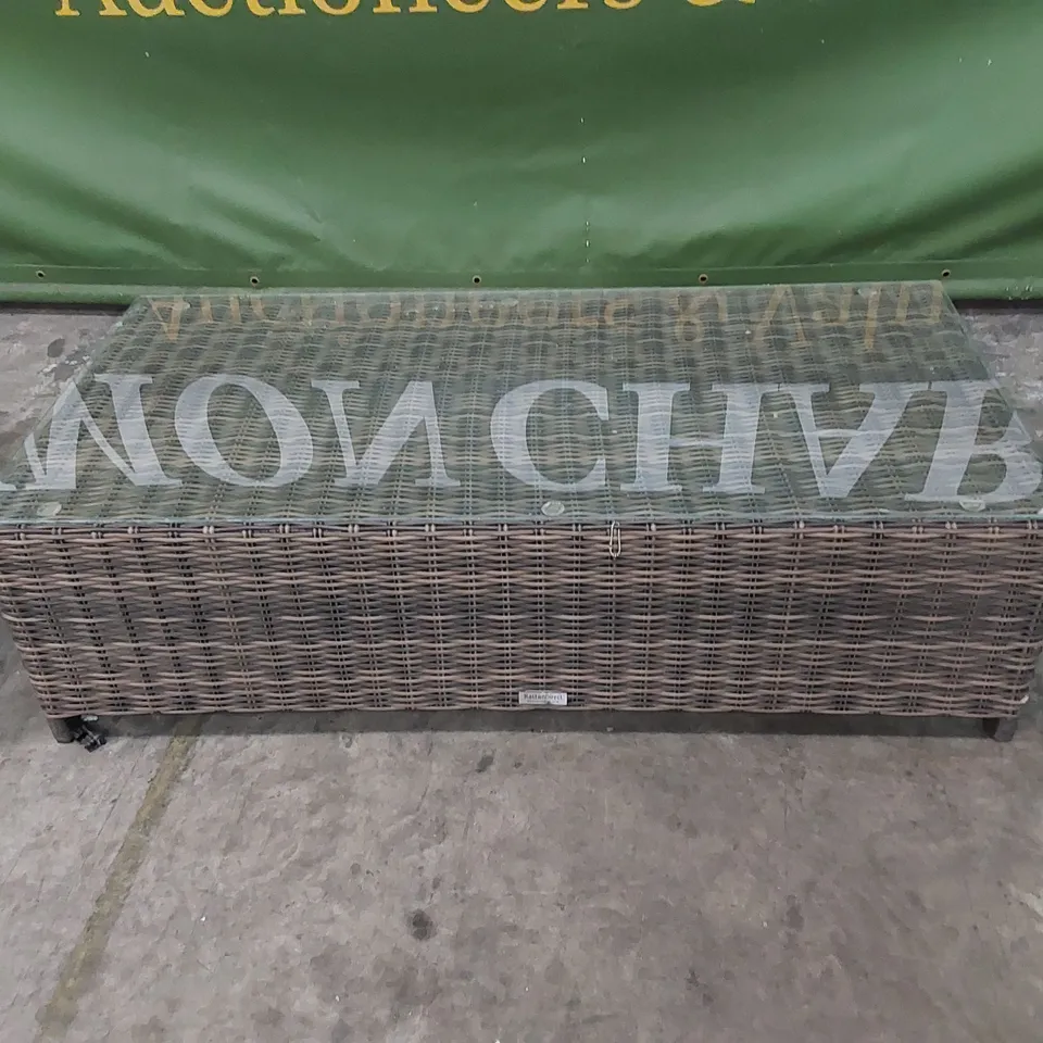 DESIGNER RATTAN COFFEE TABLE WITH GLASS'S TOP AND FOOTSTOOL