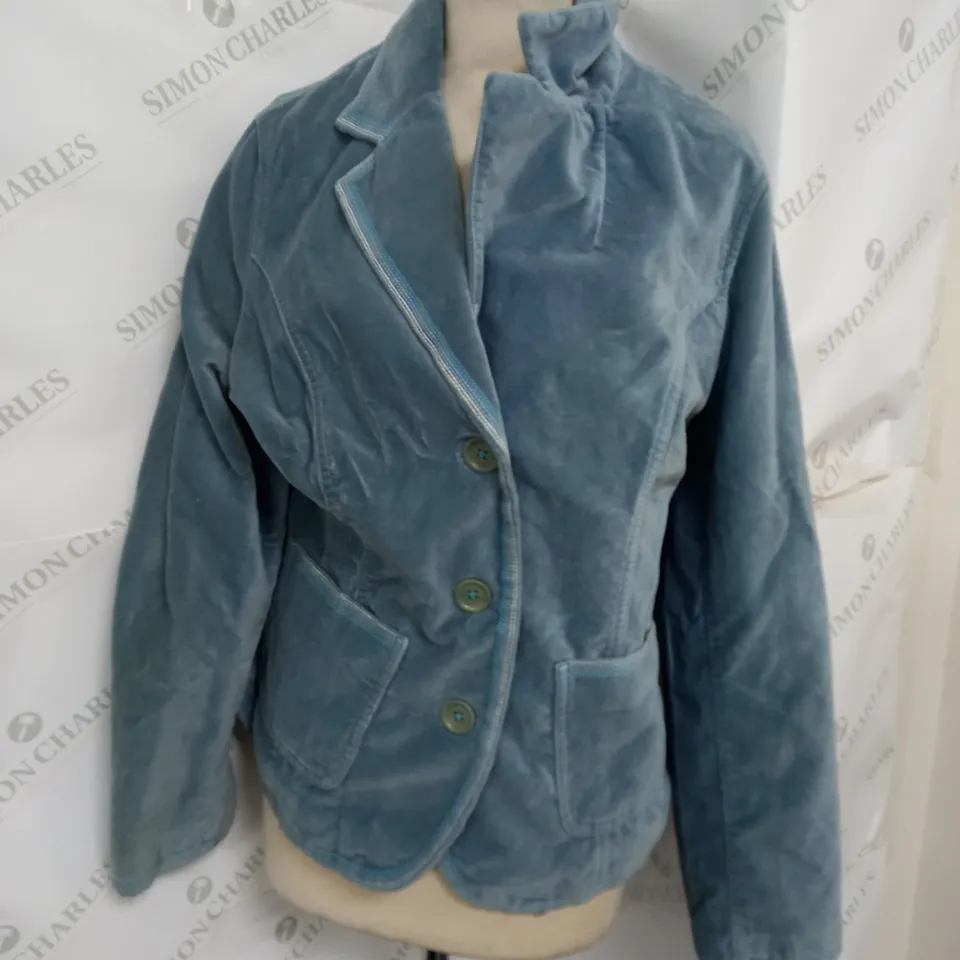 BODEN BUTTON UP VELVET CARDIGAN IN LIGHT BLUE - SIZE 18