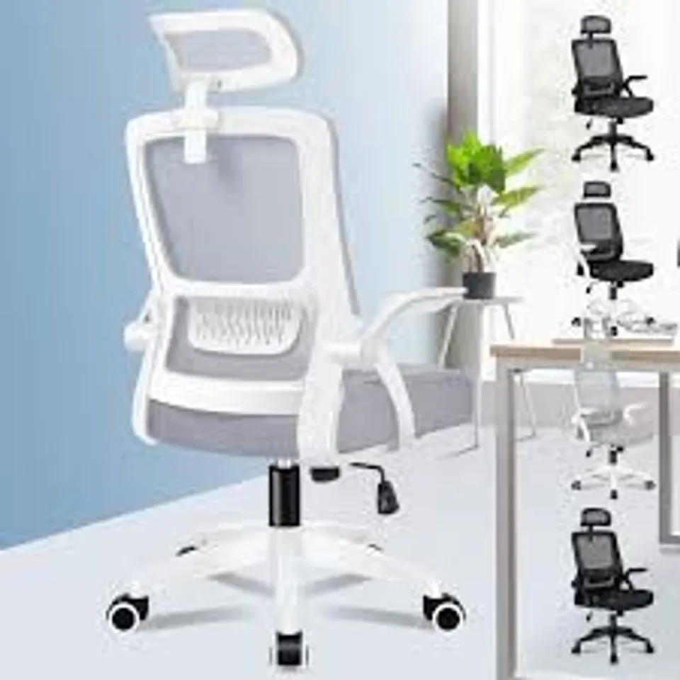 BOXED ELFORDSON OFFICE CHAIR ERGONOMIC, MESH FABRIC, ARCO SERIES, WHITE AND GREY (1 BOX)