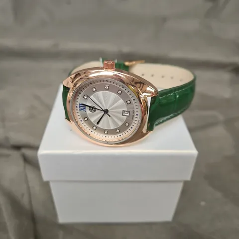 STRADA ROSE GOLD TONE WATCH WITH GREEN LEATHER STRAP