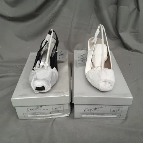 APPROXIMATELY 6 BOXED PAIRS OF LOW PROFILE HIGH HEELS, 4 BLACK AND 2 IVORY
