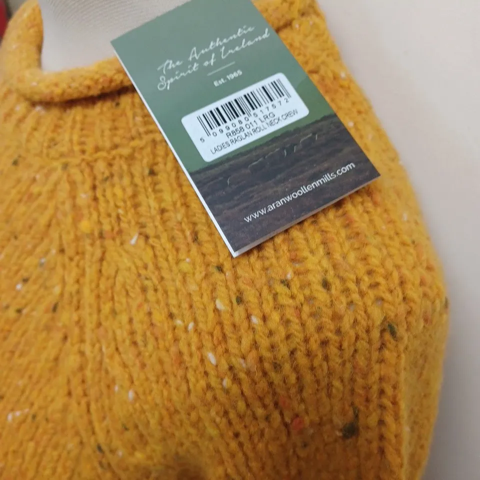 ARAN LADIES RAGLAN ROLL NECK CREW IN MUSTARD - LRG