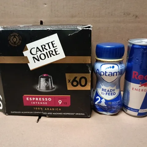 APPROXIMATELY 12 ASSORTED FOOD AND DRINKS ITEMS TO INCLUDE - REDBULL , APTAMIL AND CARTE NOIRE