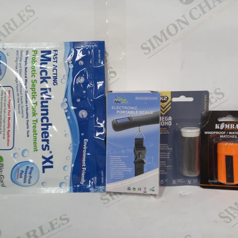 LOT OF APPROXIMATELY 10 ASSORTED HOUSEHOLD ITEMS TO INCLUDE KOMBAT WINDPROOF/WATERPROOF MATCHES, ELECTRONIC PORTABLE SCALE, K2 MEGA BOND STEEL PUTTY, ETC