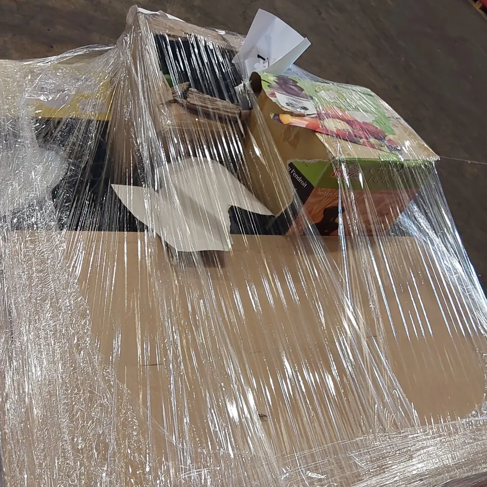 PALLET OF ASSORTED ITEMS INCLUDING: WOOD BURNING FIREPIT, ROBOT VACUUM, BEE HOTELS ECT.
