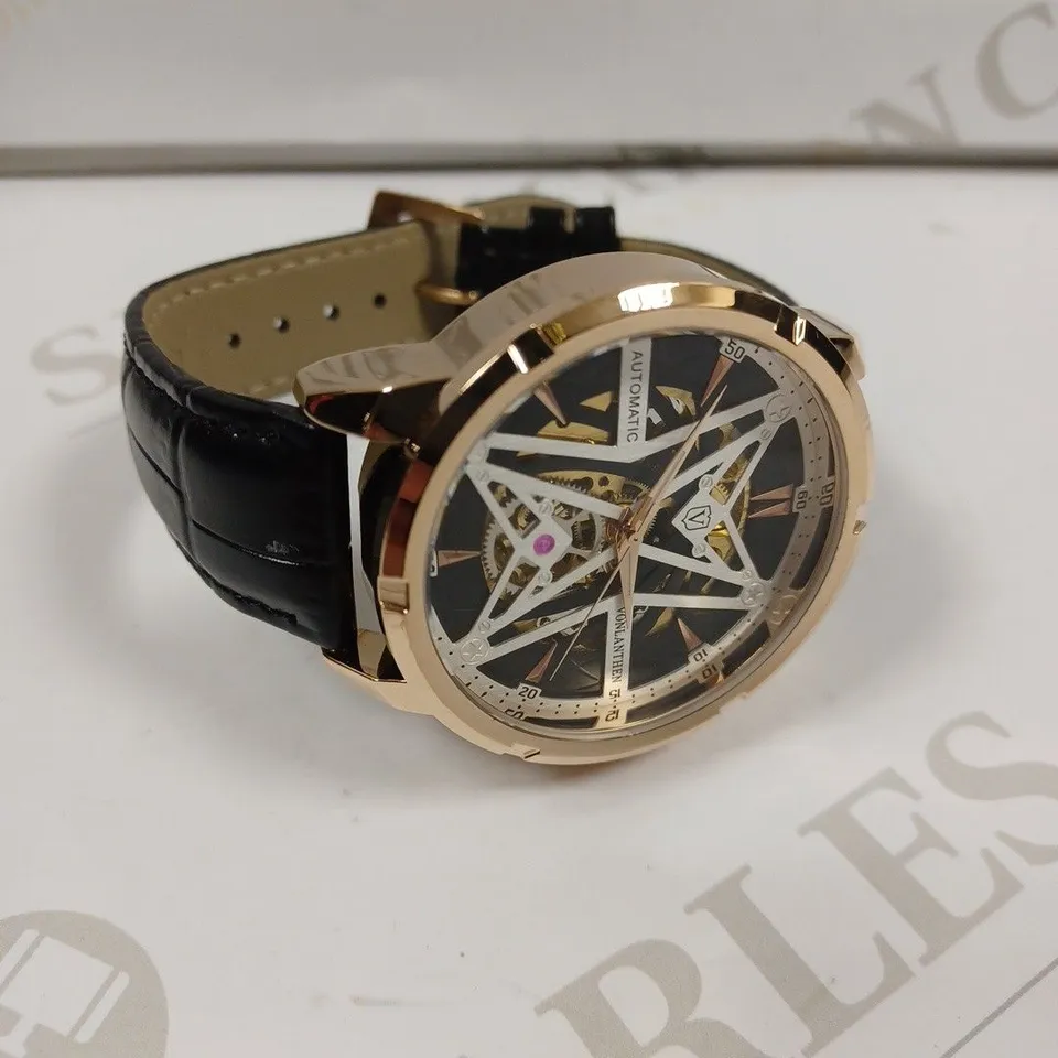 MENS VONLANTHEN AUTOMATIC SKELETON WATCH – V110 - GLASS EXHIBITION BACKCASE – BLACK LEATHER STRAP