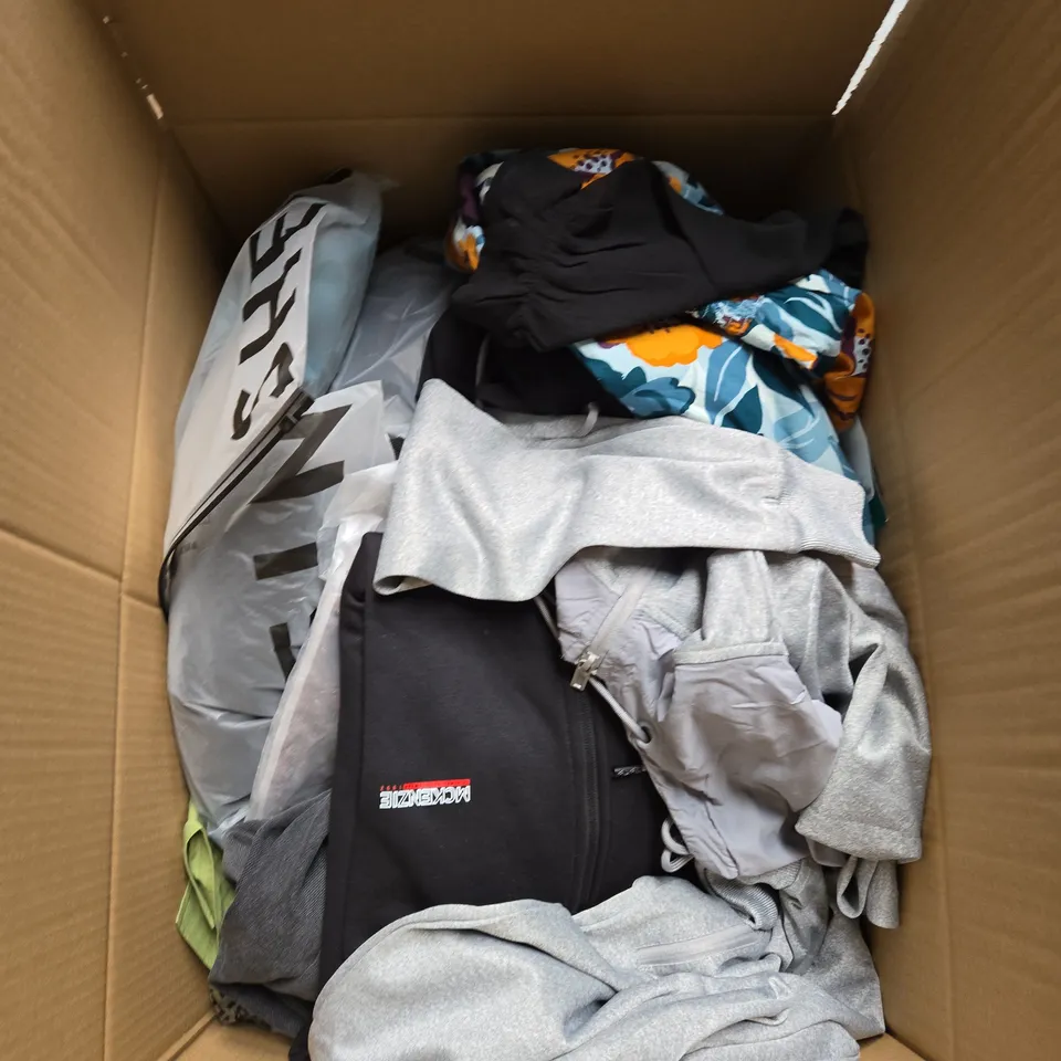 LARGE BOX OF ASSORTED CLOTHING ITEMS IN VARIOUS SIZES, STYLES AND COLOUR 