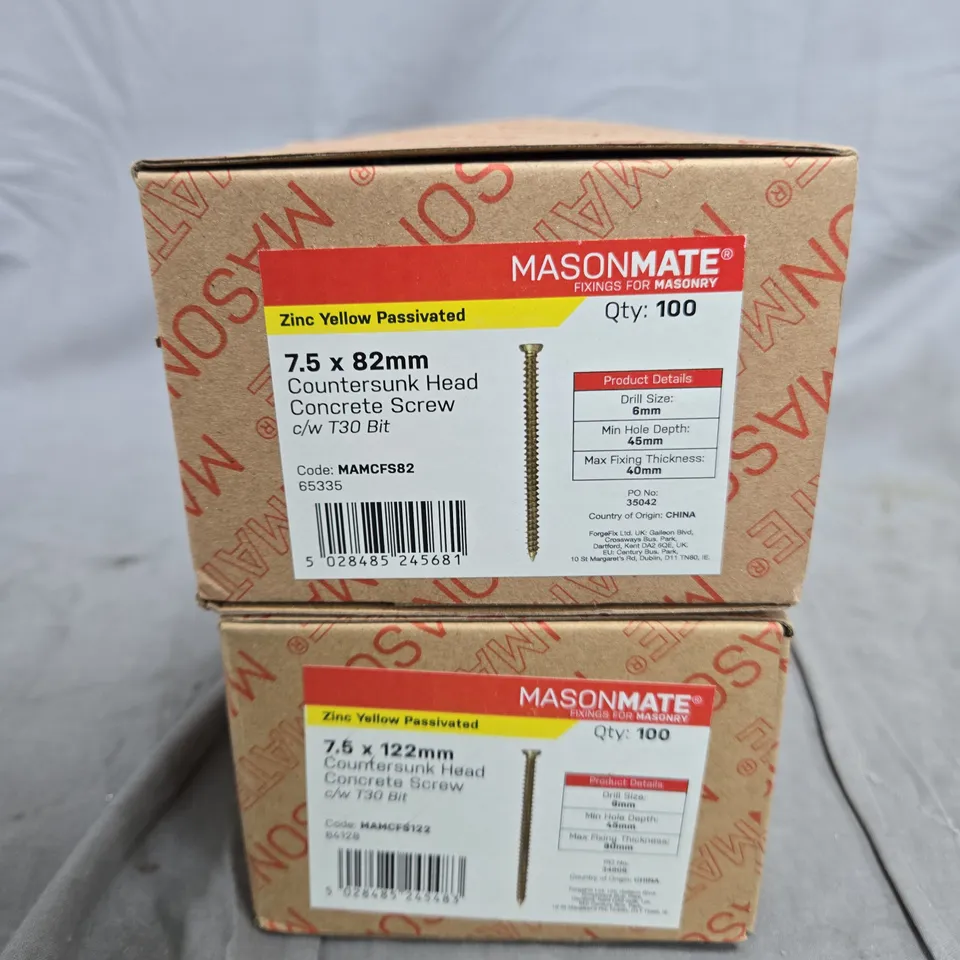 MASONMATE ZINC YELLOW PASSIVATED COUNTERSUNK HEAD CONCRETE SCREWS WITH T30 BIT – 7.5X82MM & 7.6X122MM (QTY 100 EACH) – 2 BOXES