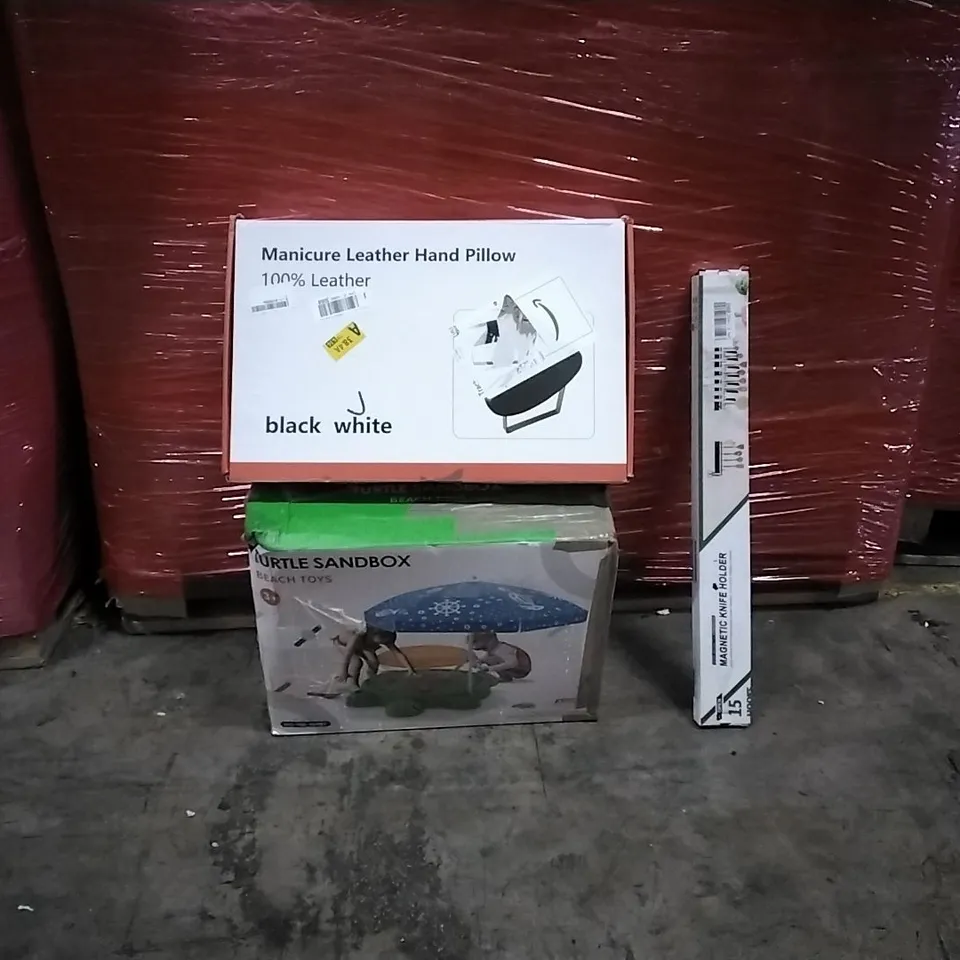 PALLET OF ASSORTED PRODUCTS AND HOUSEHOLD GOODS TO INCLUDE;LEATHER HAND PILLOW,TURTLE SANDBOX BEACH TOYS,MAGNETIC KNIFE HOLDER