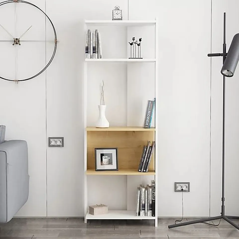 BOXED DECORTIE ABIS WIDE BOOKCASE MODERN DISPLAY SHELVING UNIT - OAK/WHITE (1 BOX)