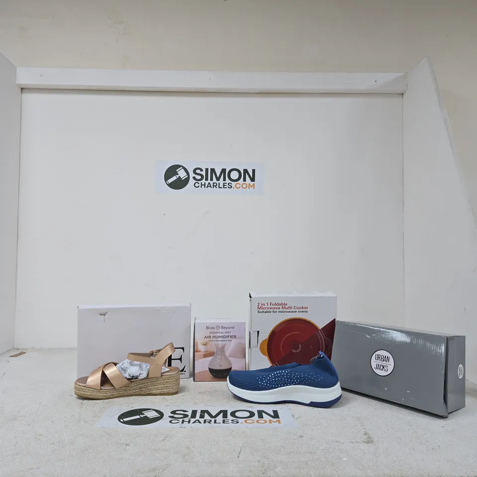 BOX OF APPROXIMATELY 10 ASSORTED ITEMS INCLUDING SHOES BY EMMA, BLISS & BEYOND ESSENTIAL MIST AIR HUMIDIFIER AND 2 IN 1 FOLDABLE MICROWAVE MULTI COOKER