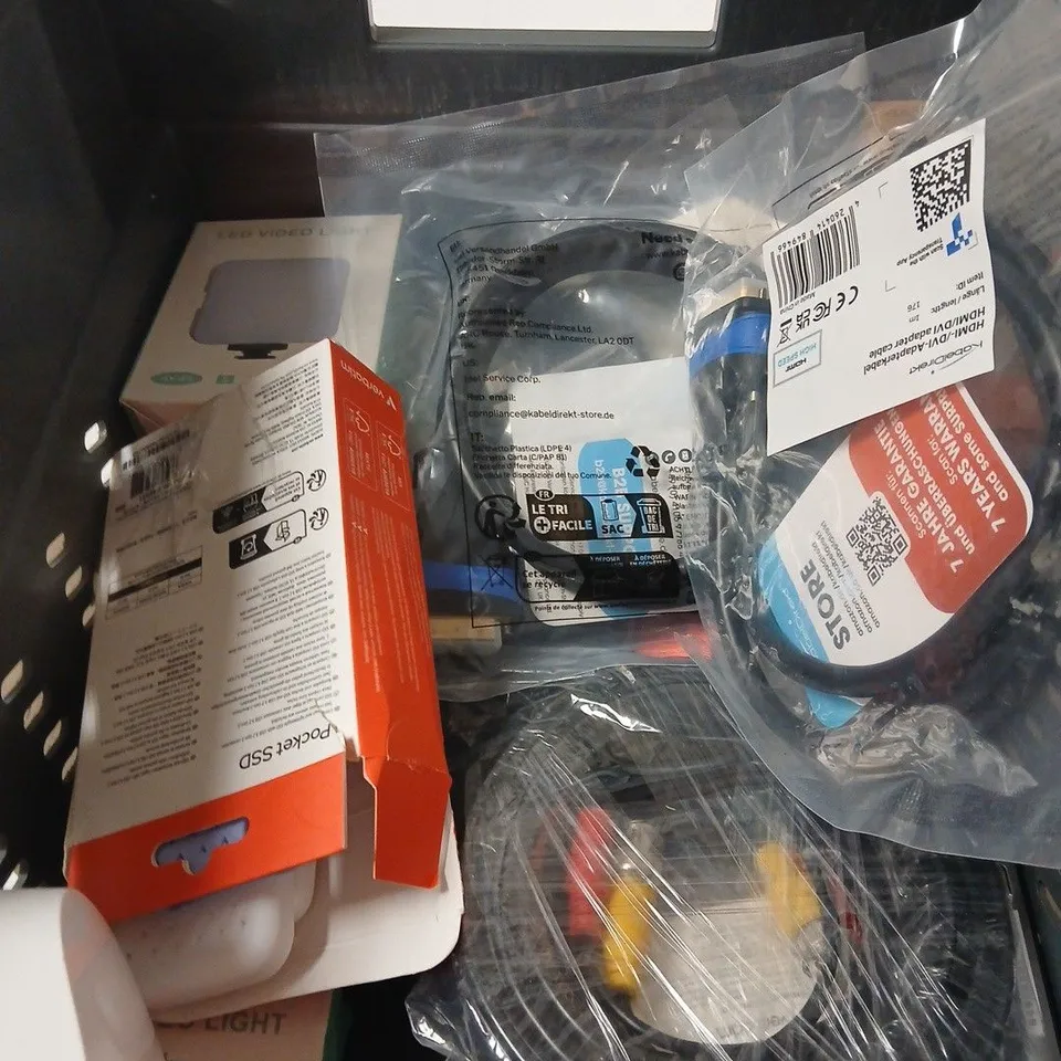 box of approximately 10 assorted items including digital music player and led video light
