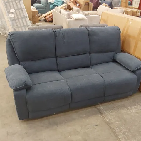 DESIGNER 3 SEATER MANUAL RECLINER SOFA WITH FOLD DOWN CENTER PIECE CUP HOLDERS - BLUE FABRIC
