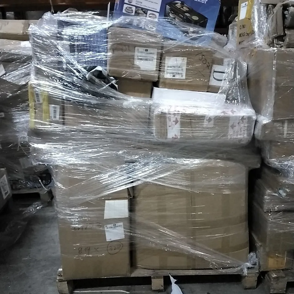PALLET OF HOUSEHOLD ITEMS TO INCLUDE 3 IN 1 BREAKFAST MAKER, POTS, 7" CARPLAY MONITOR'S AND OTHER ASSORTED...