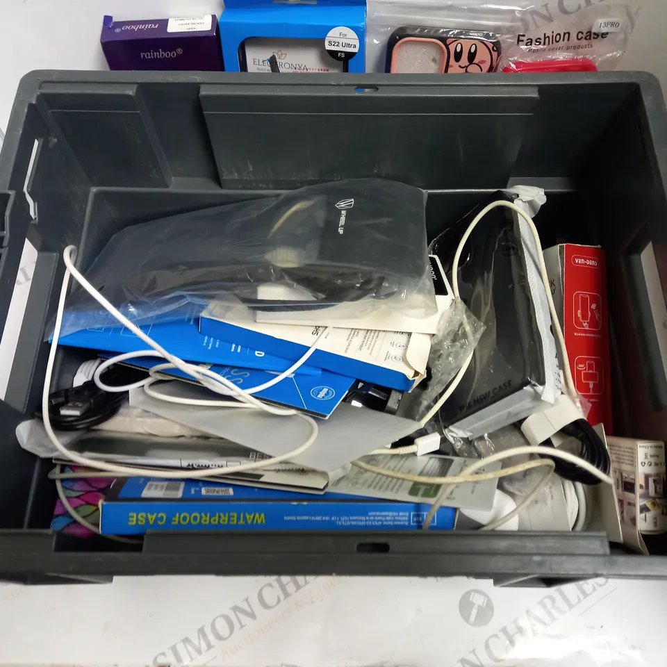 BOX TO CONTAIN APPROX. 25 X ASSORTED PHONE ACCESSORIES. INCLUDES PHONE CASES, CHARGING CABLES & SCREEN PROTECTORS ETC.