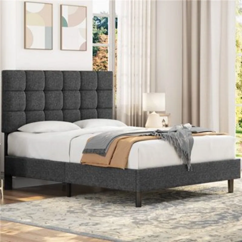 BOXED YAHEETECH 4FT6 DOUBLE BED FRAME UPHOLSTERED PLATFORM BED WITH ADJUSTABLE SQUARE TUFTED HEADBOARD/LINEN FABRIC/STURDY WOODEN SLAT SUPPORT/NO BOX SPRING NEEDED, DARK GREY
