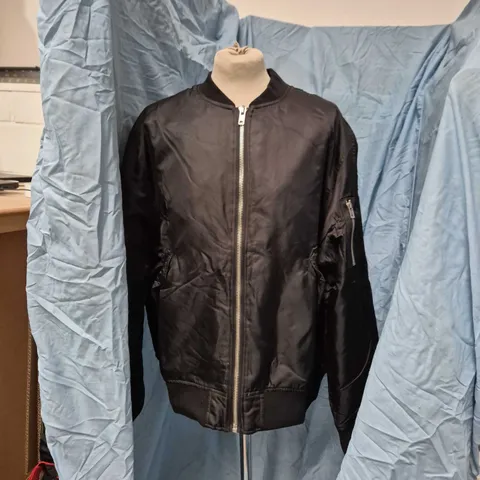 LONG CLOTHING BOMBER JACKET – BLACK SATIN, ORANGE LINING, XL
