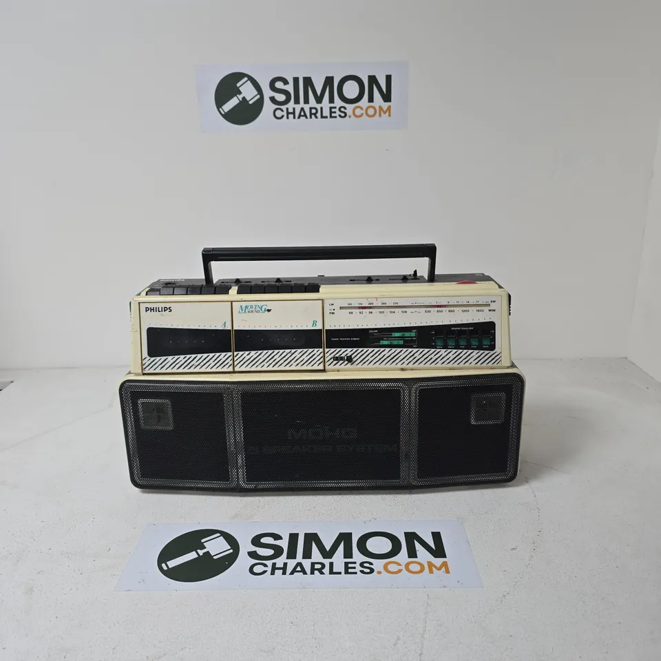 VINTAGE PHILIPS MOVING SOUND RETRO RADIO CASSETTE RECORDER BOOMBOX BLACK&WHITE GHETTOBLASTER