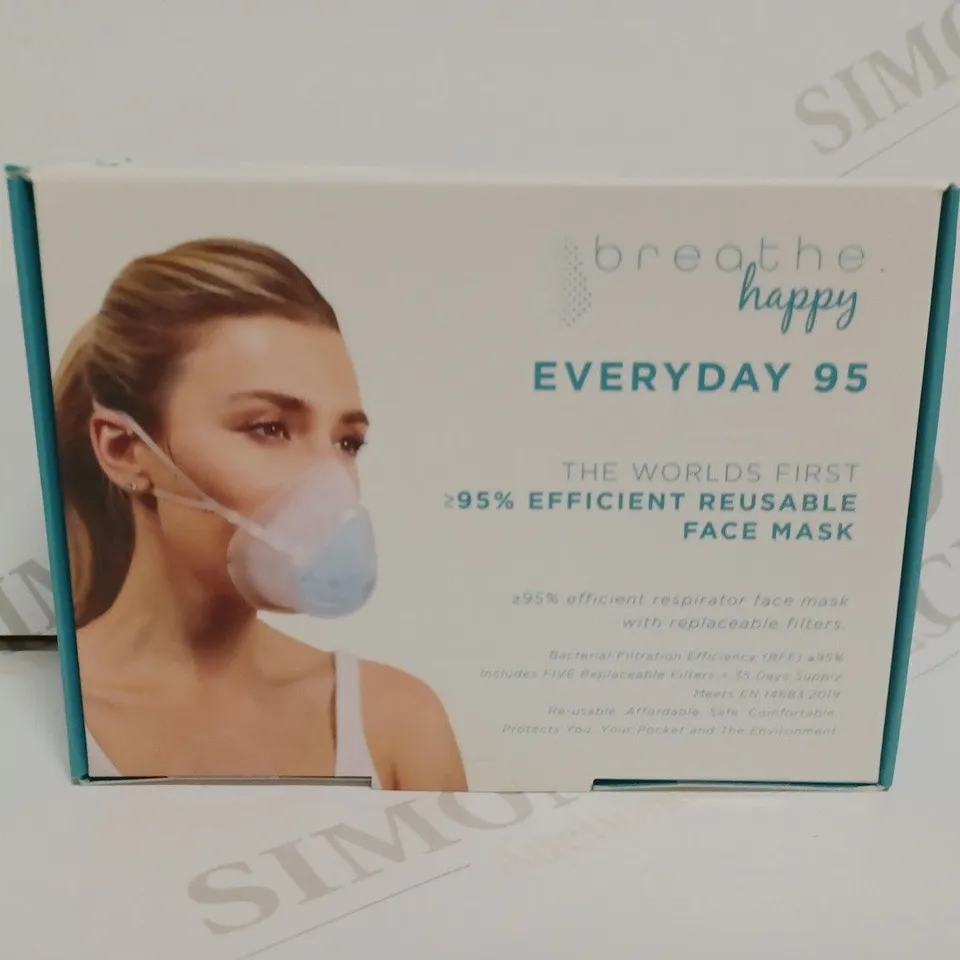 BOX OF APPROXIMATELY 20 BOXES OF BREATHE HAPPY EVERYDAY 95 REUSABLE FACE MASKS