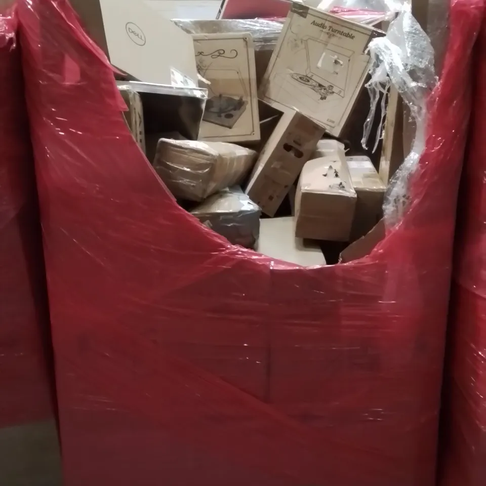 PALLET CONTAINING VARIOUS ASSORTED BOXED HOUSEHOLD ITEMS TO INCLUDE: KIDS TRICYCLE, AUDIO TURNTABLES, DELL MONITORS,  AIR COOLER AND LOTS MORE UNMARKED BOXED ITEMS 