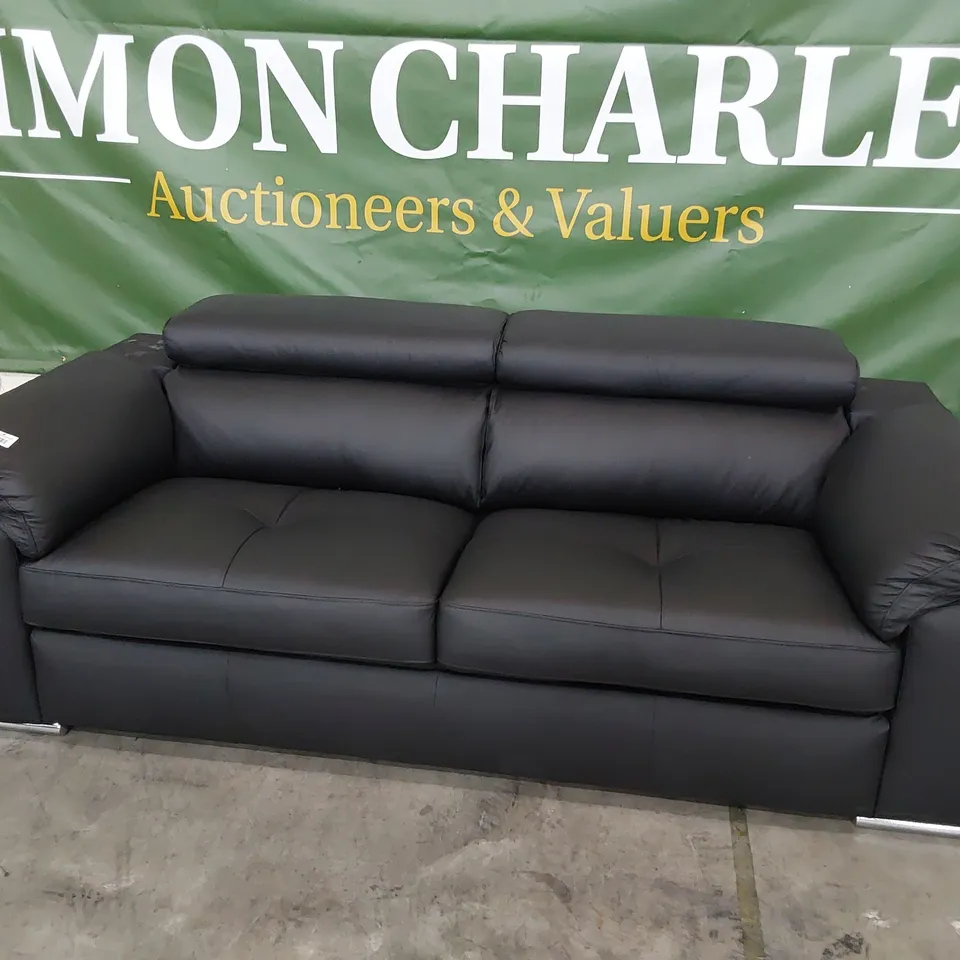 DESIGNER ITALIAN STYLE THREE SEATER SOFA WITH ADJUSTABLE HEADRESTS BLACK LEATHER 
