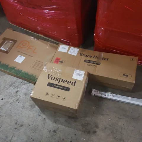 PALLET OF ASSORTED ITEMS TO INCLUDE: BRUCE HEATER, STAND MIXED, BLINDS, PET POTTY TOILET ECT