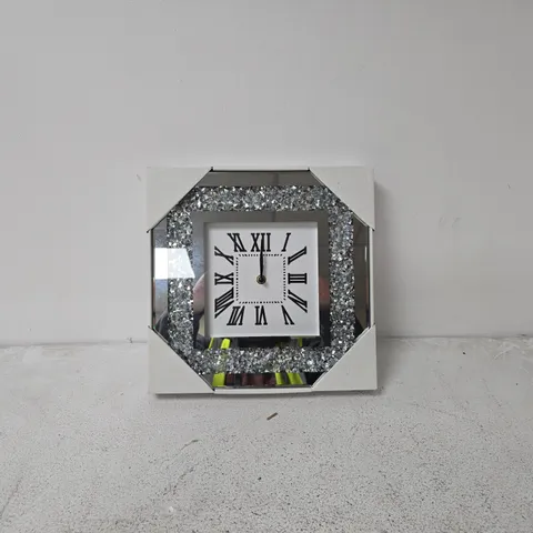 SQUARE DECORATIVE CLOCK WITH GLITTER FRAME AND ROMAN NUMERALS (30 X 30CM APPROX)