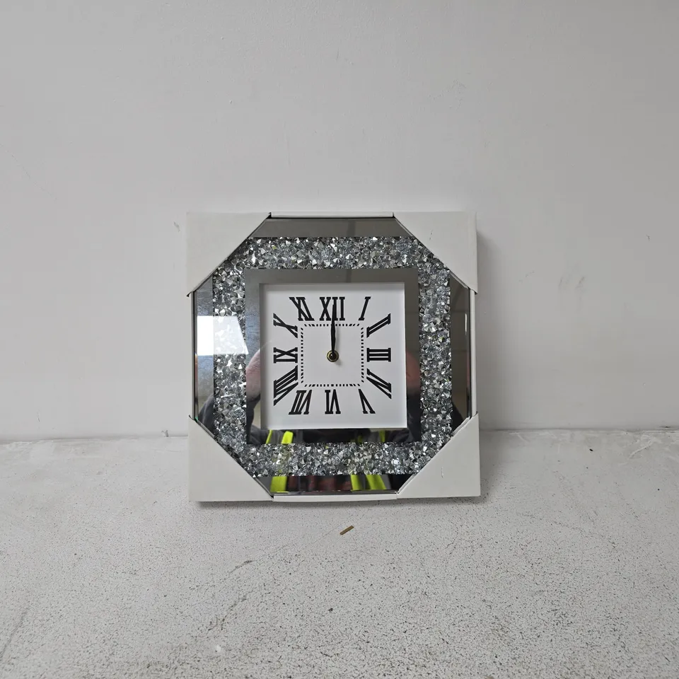 SQUARE DECORATIVE CLOCK WITH GLITTER FRAME AND ROMAN NUMERALS (30 X 30CM APPROX)