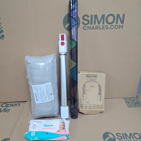 BOX OF APPROXIMATELY 15 ASSORTED HOUSEHOLD ITEMS TO INCLUDE WALLPAPER, PAMPERS BABY WIPES AND A BLADELESS NECK FAN