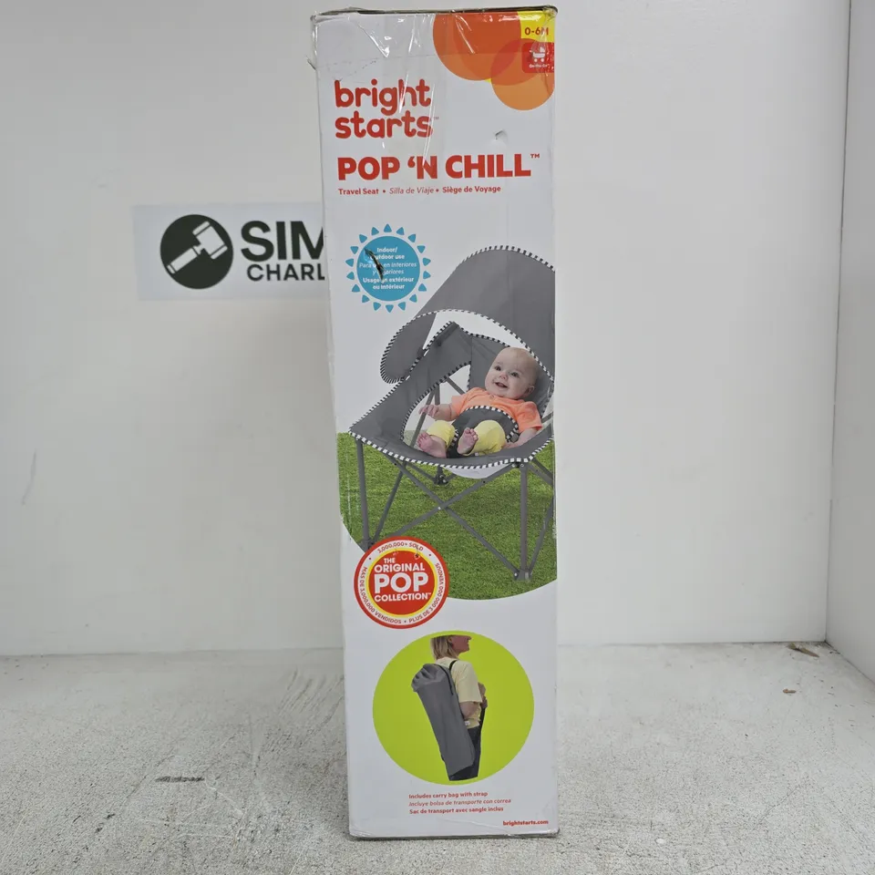BRIGHT STARTS POP N CHILL INDOOR/OUTDOOR AGES 0 - 6 MONTHS TRAVEL SEAT