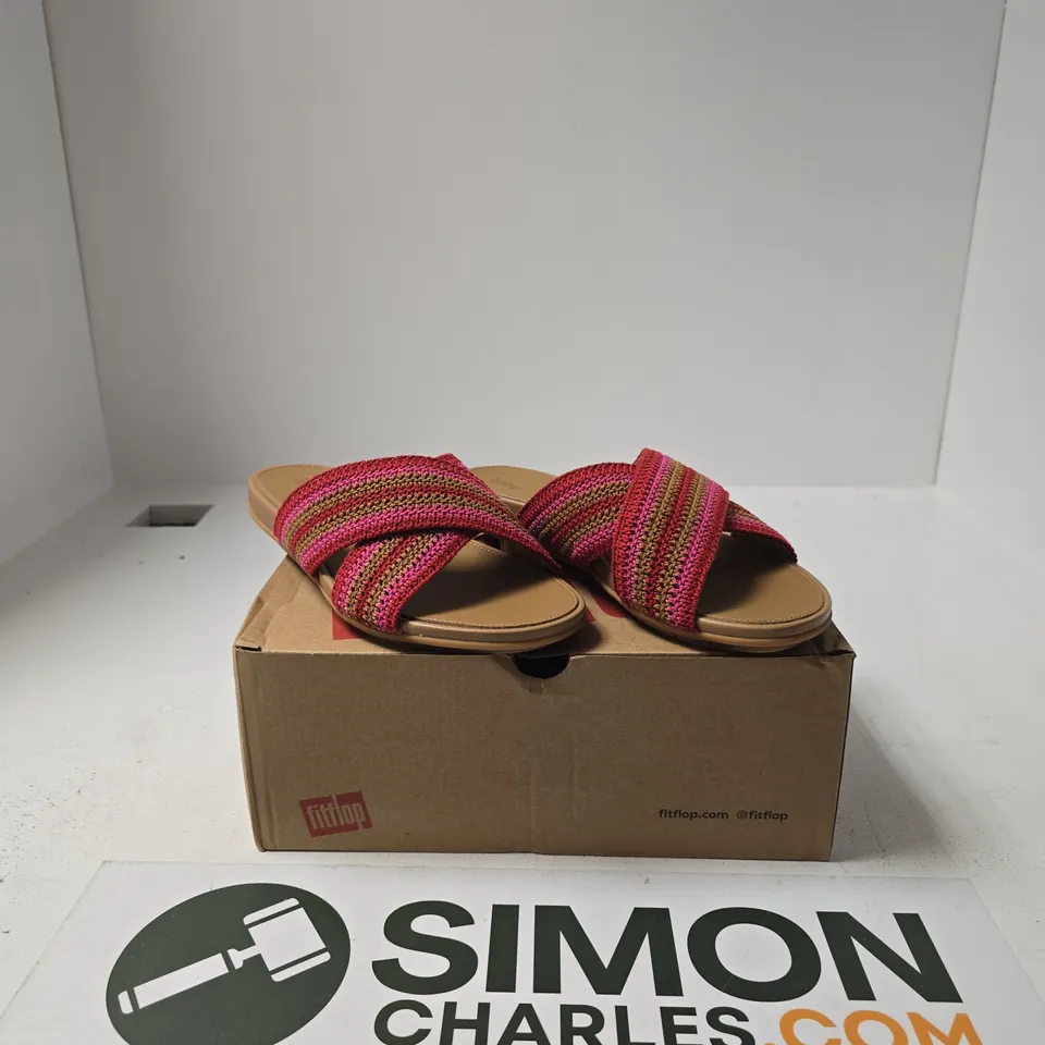 BOXED PAIR OF FITFLOP GRACIE STRIPE WEBBING CROSS SLIDES SIZE UK 4.5