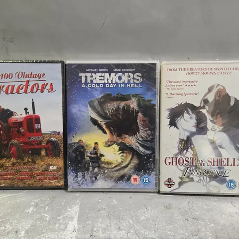 APPROXIMATELY 12 ASSORTED DVDS TO INCLUDE 100 VINTAGE TRACTORS, TREMORS, GHOST IN THE SHELL 2, ETC