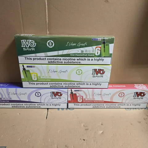 BOX OF APPROXIMATLEY 15 SEALED PACKS OF IVG SAVR ECIGARETTES VARIOUS FLAVOURS