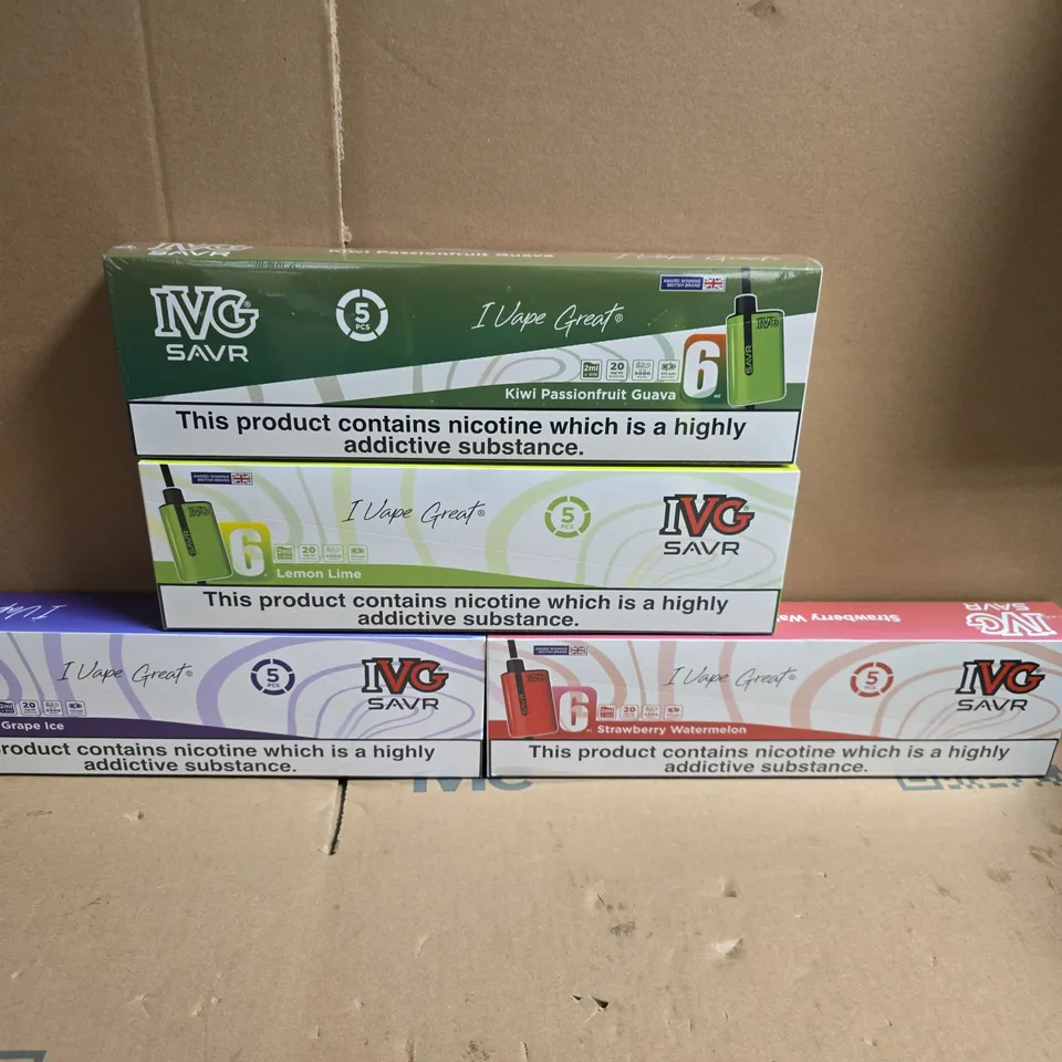 BOX OF APPROXIMATLEY 15 SEALED PACKS OF IVG SAVR ECIGARETTES VARIOUS FLAVOURS