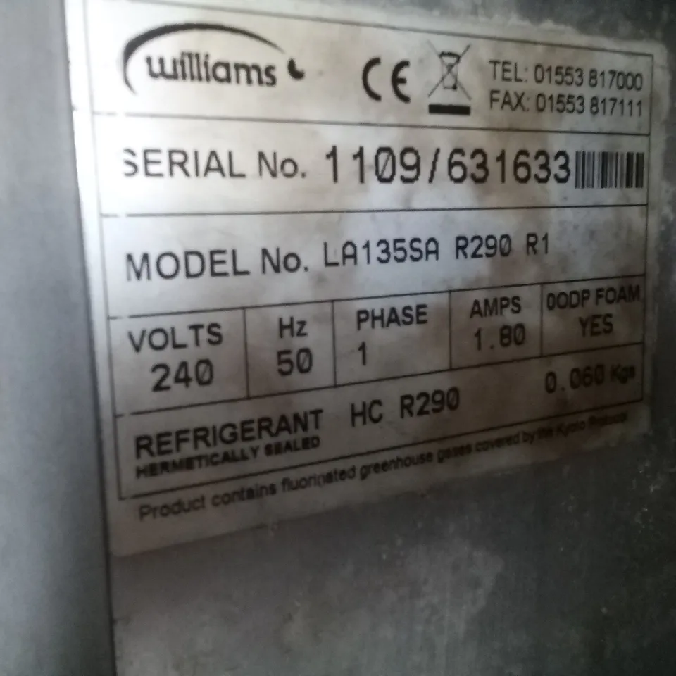 WILLIAMS LA135SA R290 R1 AMBER COMMERCIAL UNDER COUNTER FREEZER