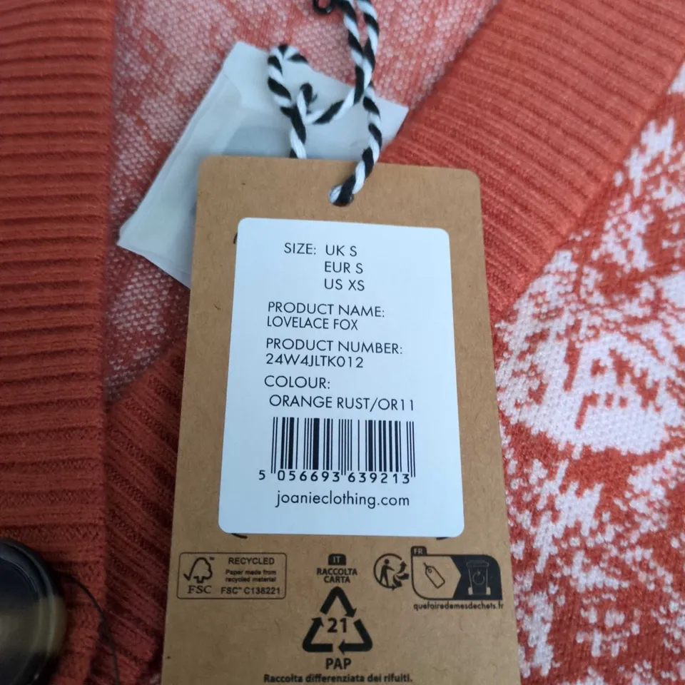 JOANIE CLOTHING CARDIGAN – ORANGE RUST FLORAL KNIT, UK SIZE S