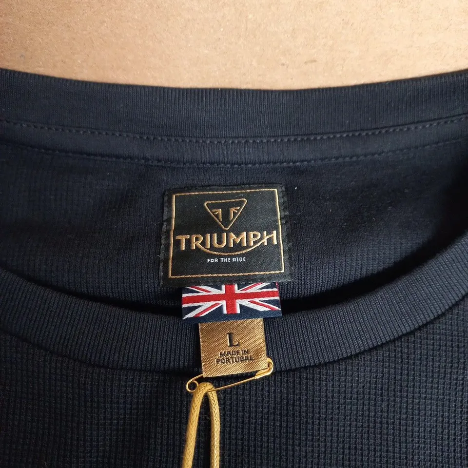 TRIUMPH MOTORCYCLES WORKSHOP LONG SLEEVE TOP – NAVY WITH CHECKERED SLEEVES – UK L