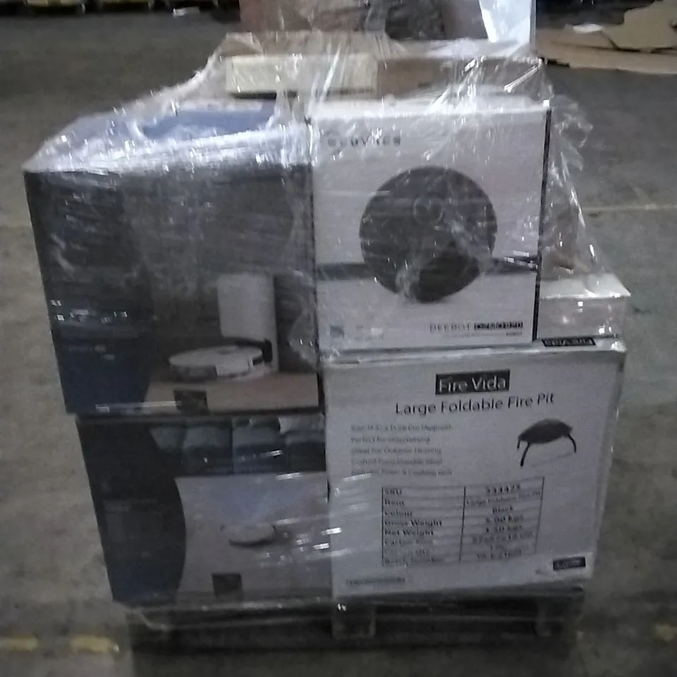 PALLET OF UNPROCESSED ITEMS TO INCLUDE 32" DESIGNER MONITOR, ECOVACS VACUUM MOPPING ROBOT, AND LARGE FOLDABLE FIRE PIT