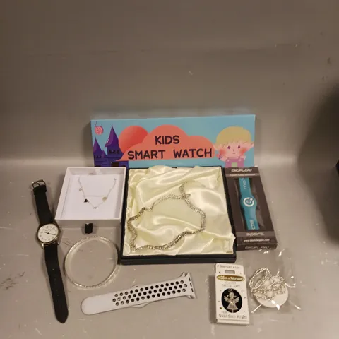APPROXIMATELY 30 ASSORTED JEWELLERY PRODUCTS TO INCLUDE NECKLACES, APPLE WATCH STRAP, KIDS SMARTWATCH ETC