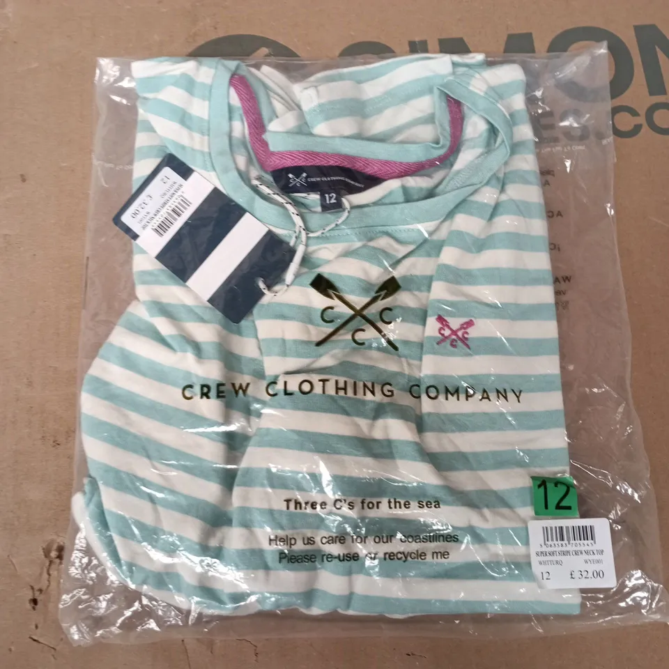 BAGGED CREW CLOTHING COMPANY SUPER SOFT STRIPE CREW NECK TOP IN WHITE/SKY BLUE - SIZE 12