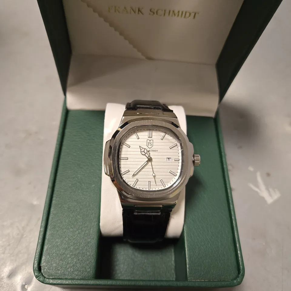 BOXED FRANK SCHMIDT AMBASSADOR SILVER DIAL BLACK LEATHER STRAP WATCH