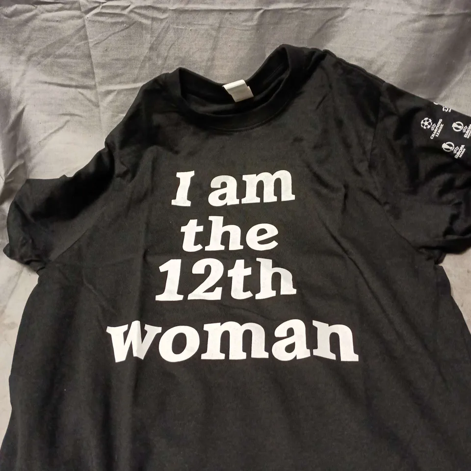 BOX OF APPROXIMATELY 40 ASSORTED CLOTHING ITEMS INCLUDING I AM THE 12TH WOMAN TEE SHIRTS 