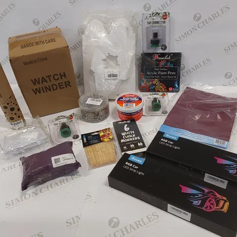 16 BRAND NEW ITEMS TO INCLUDE: 2 RGB CARLED STRIPS, BOX OF 6 WHITE CHALK MARKERS, 200 VOVKTAIL STICKS