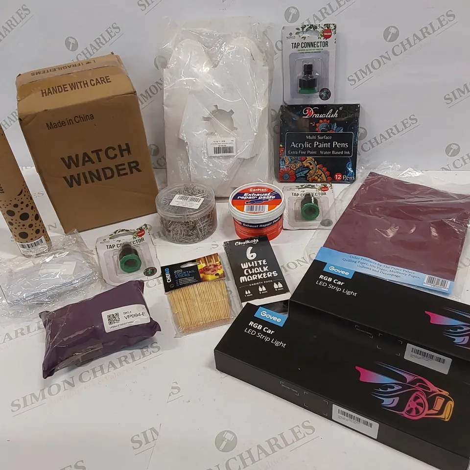 16 BRAND NEW ITEMS TO INCLUDE: 2 RGB CARLED STRIPS, BOX OF 6 WHITE CHALK MARKERS, 200 VOVKTAIL STICKS