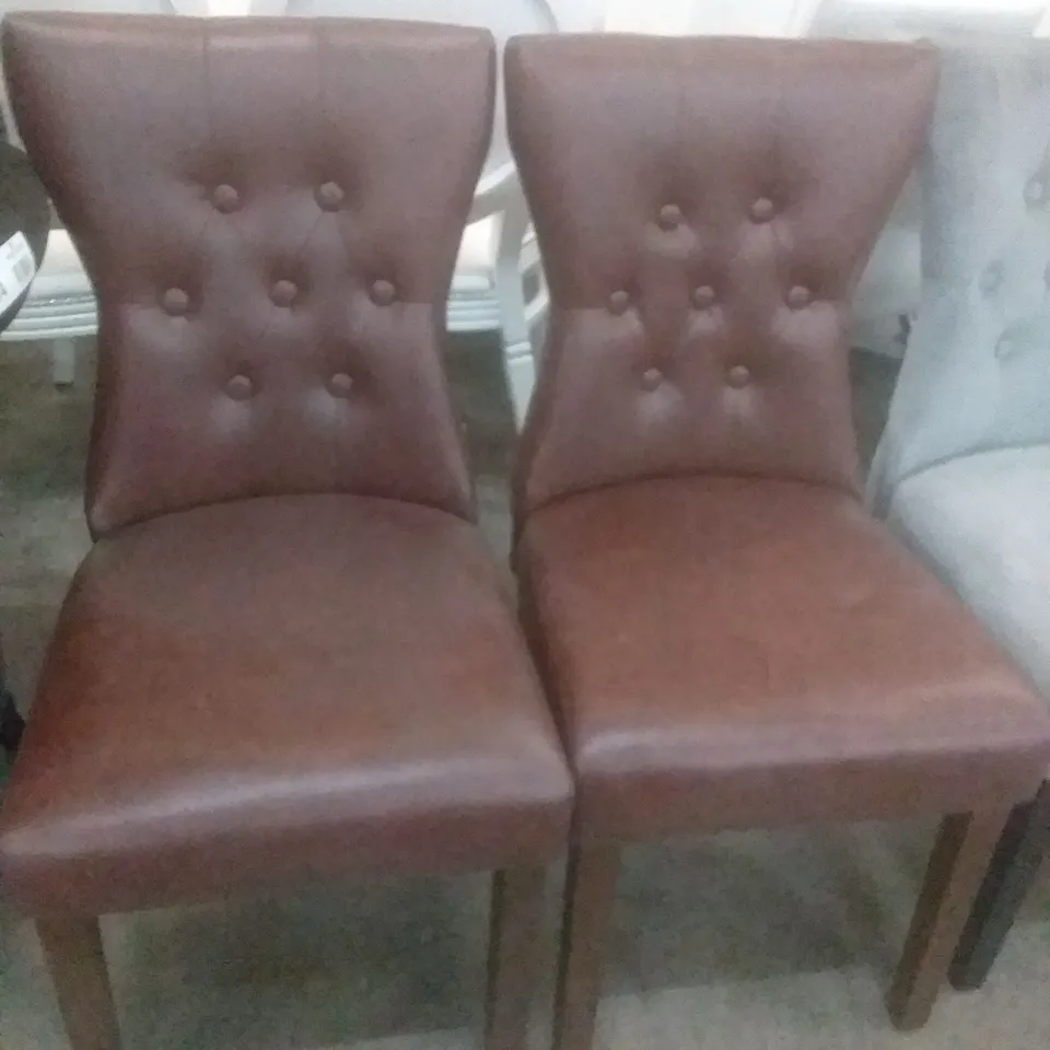 PAIR OF DESIGNER BROWN FAUX LEATHER BUTTON BACK DINING CHAIRS WITH WALNUT LEGS