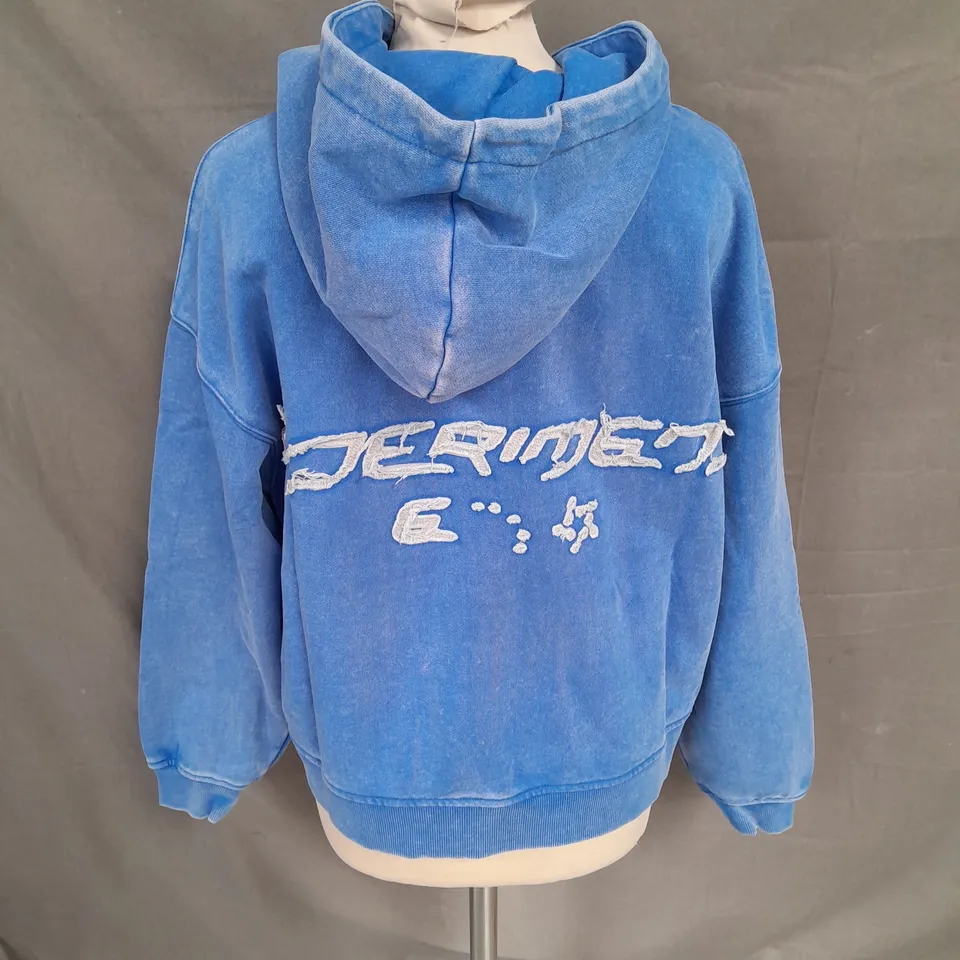 EXPERIMENT FIVE DISTRESSED LOGO ZIP UP HOODIE IN BLUE SIZE XS