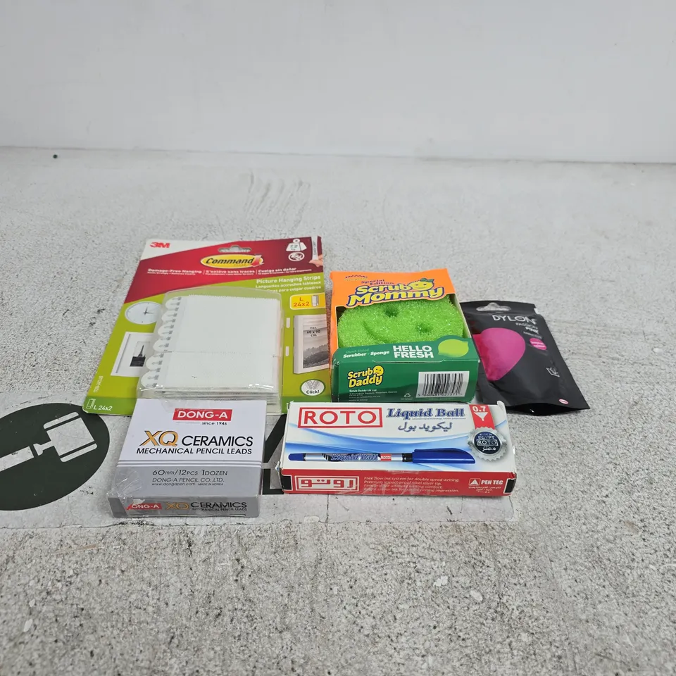 TOTE OF APPROXIMATELY 20 ASSORTED HOUSEHOLD ITEMS TO INCLUDE DYLON, SCRUB MOMMY SPONGE, COMMAND PICTURE HANGING STRIPS, XQ MECHANICAL PENCIL LEADS ETC