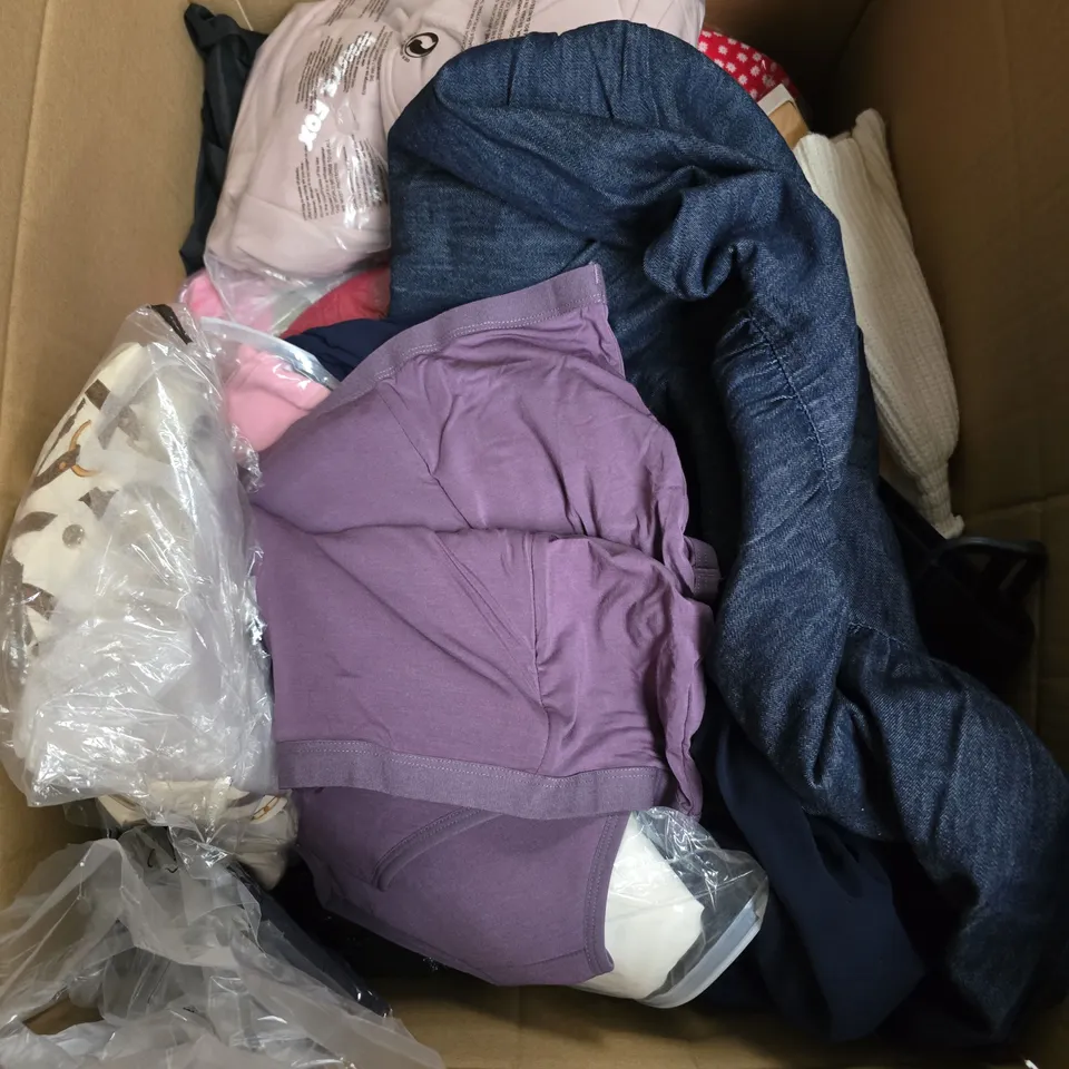 BOX OF APPROXIMATELY 20 ASSORTED CLOTHING ITEMS TO INCLUDE DRESSES, JACKET, UNDERWEAR, ETC